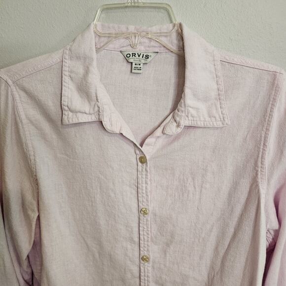 Orvis Pink Linen Button Down Shirt Womens Medium Roll-tab Sleeve Classic Preppy - Picture 2 of 9